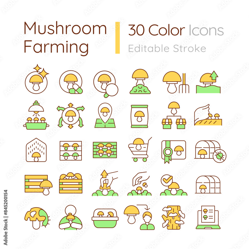 Wall mural mushroom farming rgb color icons set. mushroom growing and harvesting. indoor cultivation. fungicult - Wall murals