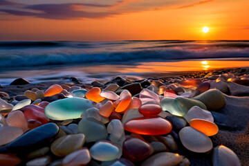 Obraz premium a-beach-composed-of-colorful-smooth-sea-glass-pebbles-the-sunset-light-will-cast-a-warm-glow