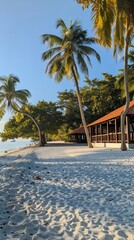 A beach scene featuring palm trees and a building on the shore
