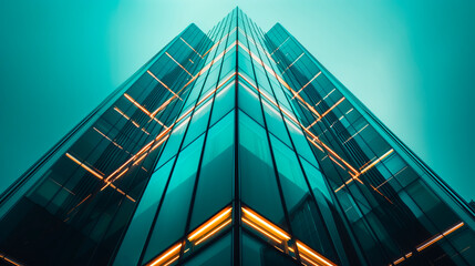 A modern glass building with illuminated lines on a light blue background. Architecture concept.  Generative AI