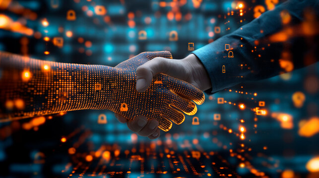 Virtual and human hands shaking with digital and orange light effects on a techno background. Concept of digital handshake and blockchain technology.  Generative AI