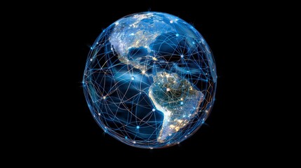 Earth with illuminated continents, interconnected network lines, on a dark background. Concept of global digital connectivity and future internet.  Generative AI