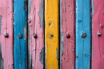 Colorful Weathered Wooden Planks with Peeling Paint in Blue, Pink, and Yellow Texture and Background Design for Print, Home Decor, Art