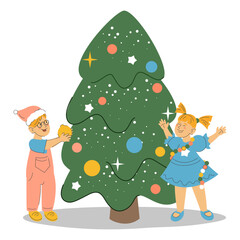 Children decorating Christmas tree vector isolated. Happy kids standing together around the green fir. Merry Christmas and Happy New Year.