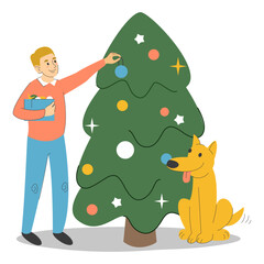 Man decorating Christmas tree vector isolated. Happy male character standing at the green fir with a funny pet dog. Merry Christmas and Happy New Year.