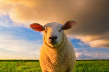 Obraz premium Sheep in a meadow during a bright sunset. Agriculture. Animals on the farm. Food production. Natural landscape. Wallpaper and background.