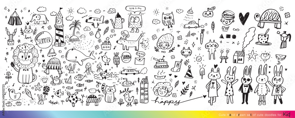 Wall mural collection of hand drawn cute doodles,doodle children drawing,sketch set of drawings in child style,