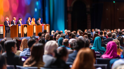 a  of an interfaith conference panel, with speakers from various religions sharing their perspectives on stage, while the audience listens intently, Interreligious, P