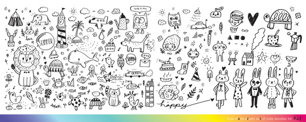 Obraz premium Collection of hand drawn cute doodles,Doodle children drawing,Sketch set of drawings in child style,Funny Doodle Hand Drawn,Page for coloring, cute animal hand drawn