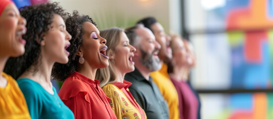a  of a diverse choir singing at a spiritual gathering, with people from different faiths and cultures joining in harmony, Inclusive Communities, spiritual communitie