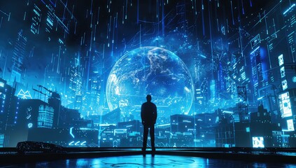 A person is standing in a dark room looking at a glowing blue globe of the Earth.