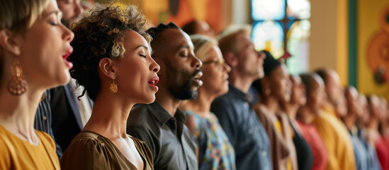 a  of a diverse choir singing at a spiritual gathering, with people from different faiths and cultures joining in harmony, Inclusive Communities, spiritual communitie