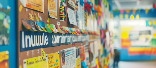 a close-up image of a community bulletin board filled with announcements and events that cater to various cultural and faith traditions, showcasing the inclusivity of the community