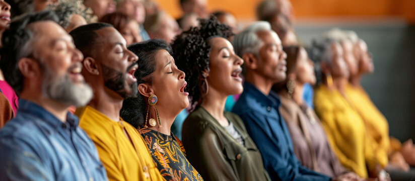 a  of a diverse choir singing at a spiritual gathering, with people from different faiths and cultures joining in harmony, Inclusive Communities, spiritual communitie