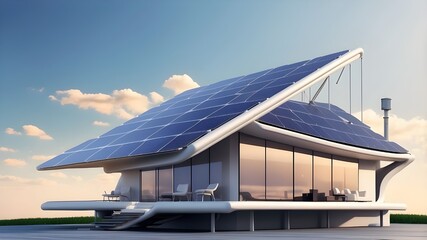 Obraz premium futuristic, generic, solar-powered smart house rooftop system with copyspace area and large banner for renewable energy concepts - Generative AI