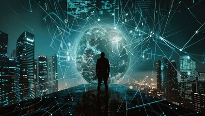 A person is standing in a dark room looking at a glowing blue globe of the Earth.