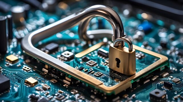 cybersecurity services or a secure connection concept of a broad banner design including a close-up of the computer motherboard and a safety lock with login and validated credentials - Generative