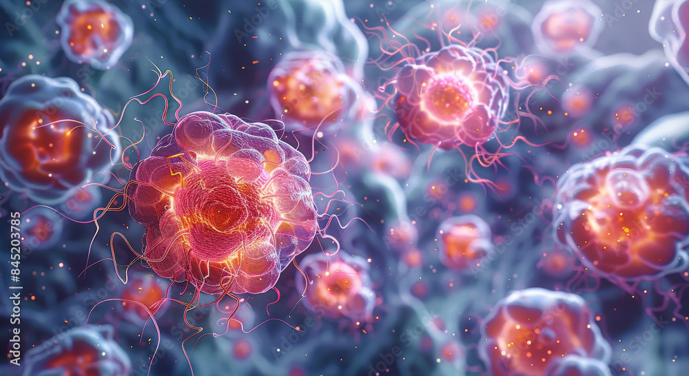 Poster A representation of cell mutation, highlighting the differences between normal and mutated cells in a vibrant cellular landscape. Generative AI.