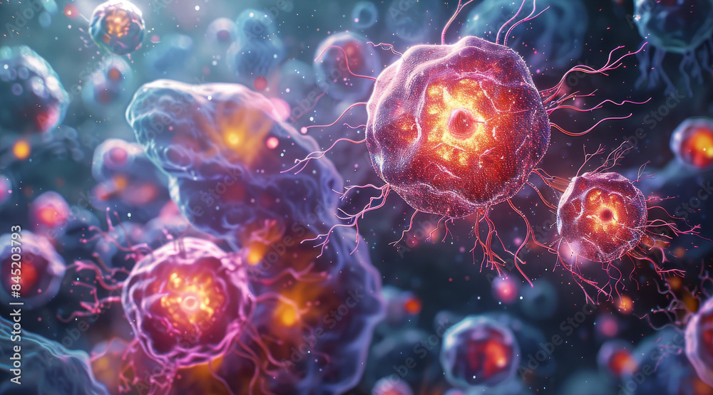 Poster A representation of cell mutation, highlighting the differences between normal and mutated cells in a vibrant cellular landscape. Generative AI.
