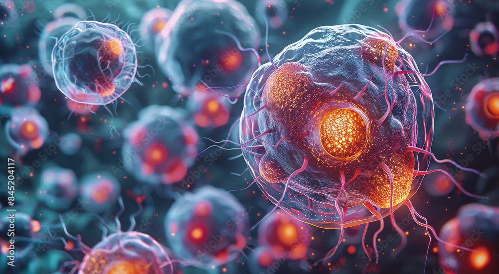 Poster A representation of cell mutation, highlighting the differences between normal and mutated cells in a vibrant cellular landscape. Generative AI.