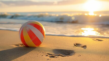 Obraz premium Beach ball on sandy shore with waves at sunset.