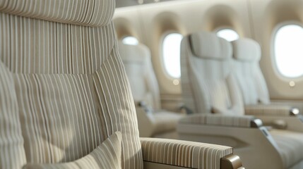Fototapeta premium Row of beige seats in an airplane cabin illuminated by soft natural light.