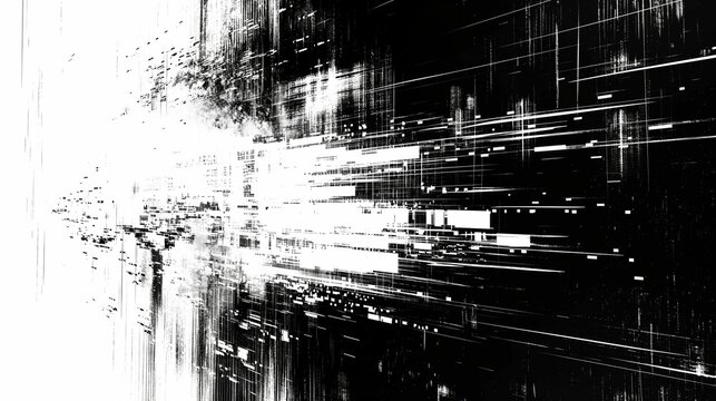 Abstract black and white glitch effect with digital distortion lines.