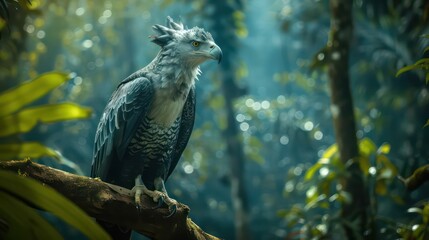 Fototapeta premium Majestic Harpy Eagle Perched in Tropical Rainforest, Close-Up Wildlife Photography of Powerful Bird of Prey
