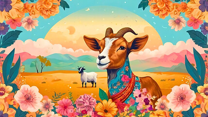 Illustration of a goat in a meadow decorated with beautiful flowers.