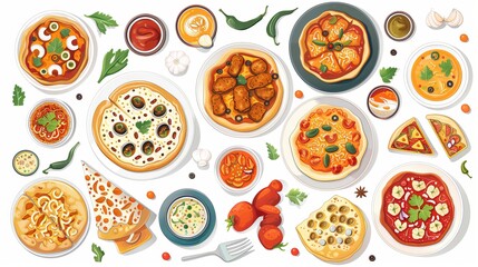 A top view of a set of Desi, Indian traditional foods, including pizza, hummus, biryani, chicken curry, momos, tikka, korma, and samosas. This food collection set is isolated on a white background.