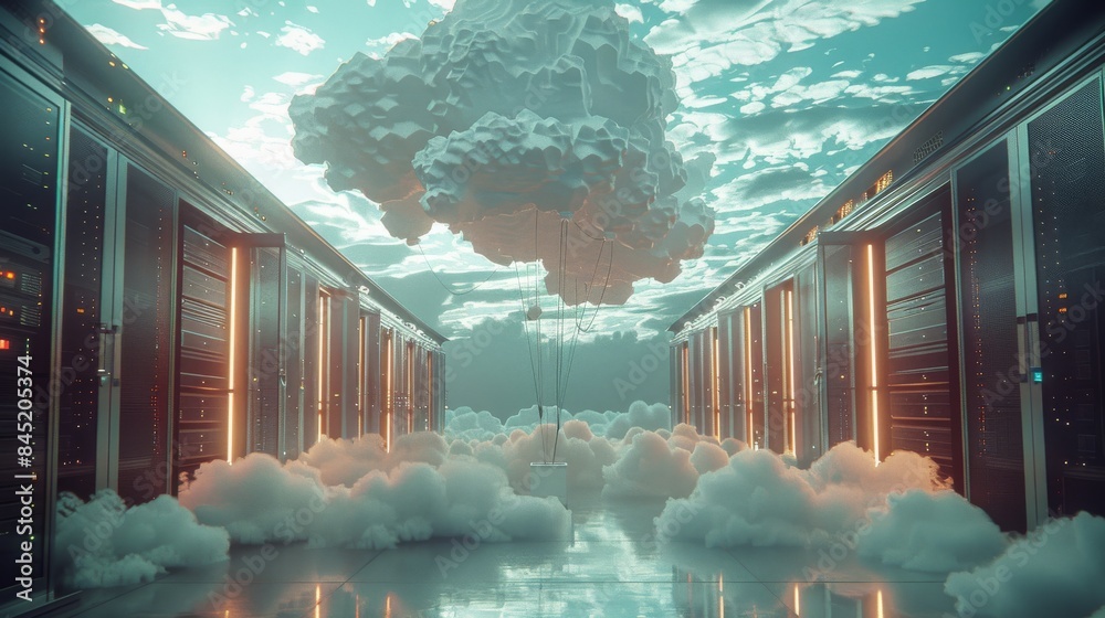 Poster A network switch being pulled into the clouds by balloons with cool looking clouds and fun lighting. Generative AI.