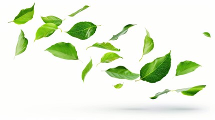 Flying green leaves isolated on a white background.