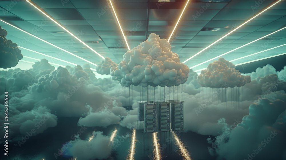 Poster A network switch being pulled into the clouds by balloons with cool looking clouds and fun lighting. Generative AI.