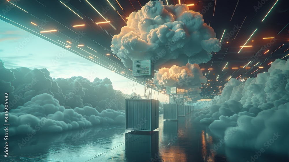 Poster A network switch being pulled into the clouds by balloons with cool looking clouds and fun lighting. Generative AI.
