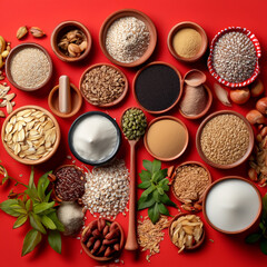 Spices and herbs isolated on red background