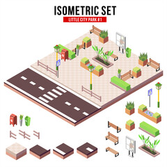 isometric set design of little city park with show asset individually 