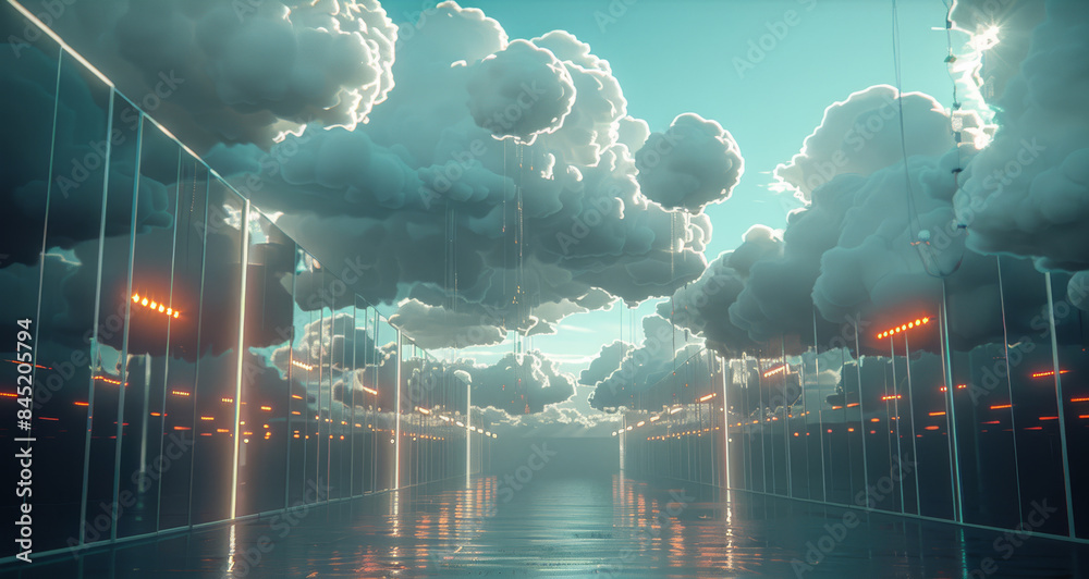 Aufkleber A network switch being pulled into the clouds by balloons with cool looking clouds and fun lighting. Generative AI.