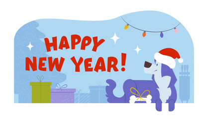 Happy New Year text and dog looking at the gifts