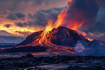 Generative ai on theme of erupting volcano with cascading hot lava surrounded thick white smoke