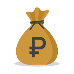 Money sack with ruble currency symbol in brown color vector illustration. Ruble sack icon. Cartoon sack money bag with full of ruble.