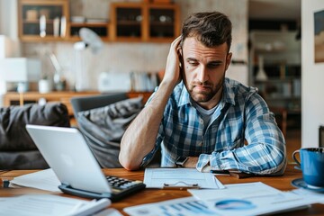 tired man sitting at desk with calculator and papers, looking distressed while holding his head in hand. financial problems and cost of living crisis