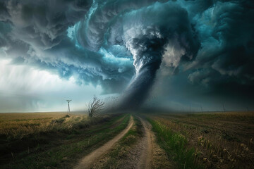 Generative ai on theme of scary ominous huge hurricane tornado, apocalyptic dramatic background
