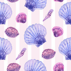 Marine seamless pattern animals, plants, seashell, mollusk, shells. Watercolor illustration Underwater background On pink stripe. Summer vibes, Sea bottom. For fabric, wrapping paper, wallpaper print 