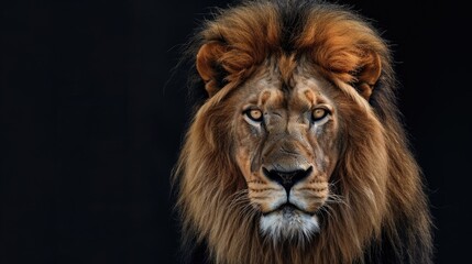 Fototapeta premium Close up image of a majestic male lion with a strong presence set against a black backdrop showcasing a powerful head and stunning mane