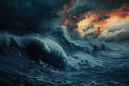 Generative ai on theme of a scary tsunami with huge foamy wave, apocalyptic dramatic background