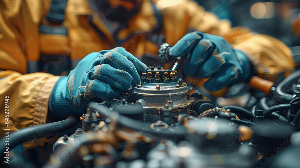 Poster the mechanic works on the engine of a car in the mechanic's garage. repair service. generative ai.