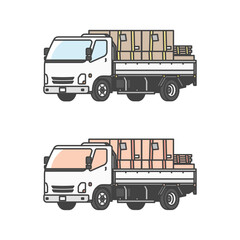 物流シリーズ：配送の貨物を積んだ、平積み2トントラックのイラスト(カラー&モノカラー)