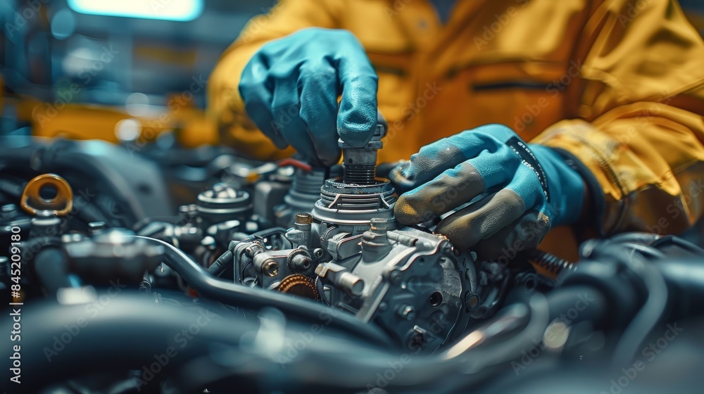 Poster the mechanic works on the engine of a car in the mechanic's garage. repair service. generative ai.