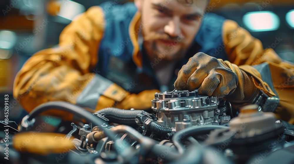 Poster The mechanic works on the engine of a car in the mechanic's garage. Repair service. Generative AI.