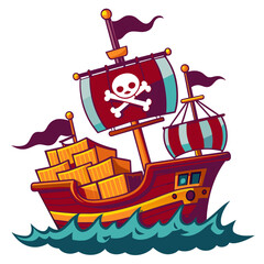 pirate ship sailing through rough seas, with tattered sails, a Jolly Roger flag, and treasure chests on deck